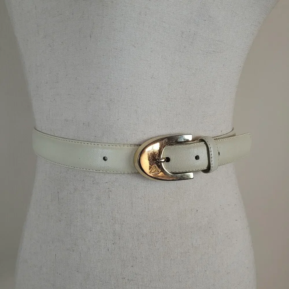 Vintage Liz Claiborne‎ Belt Large Cream Leather Gold Buckle Dress Classic 90s